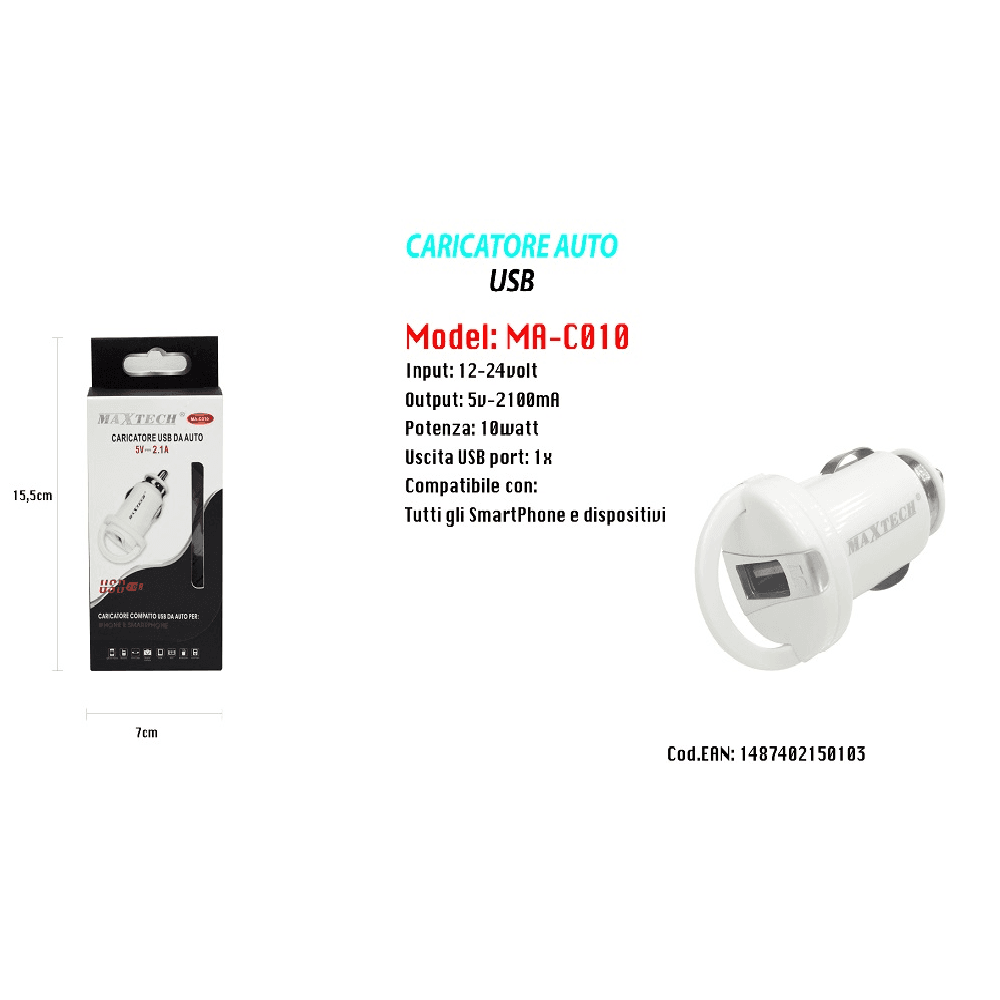 CARICATORE USB PRESA PER AUTO ACCENDISIGARI CARICABATTERIA 5V/2.1A MAXTECH MA-C010 - 2