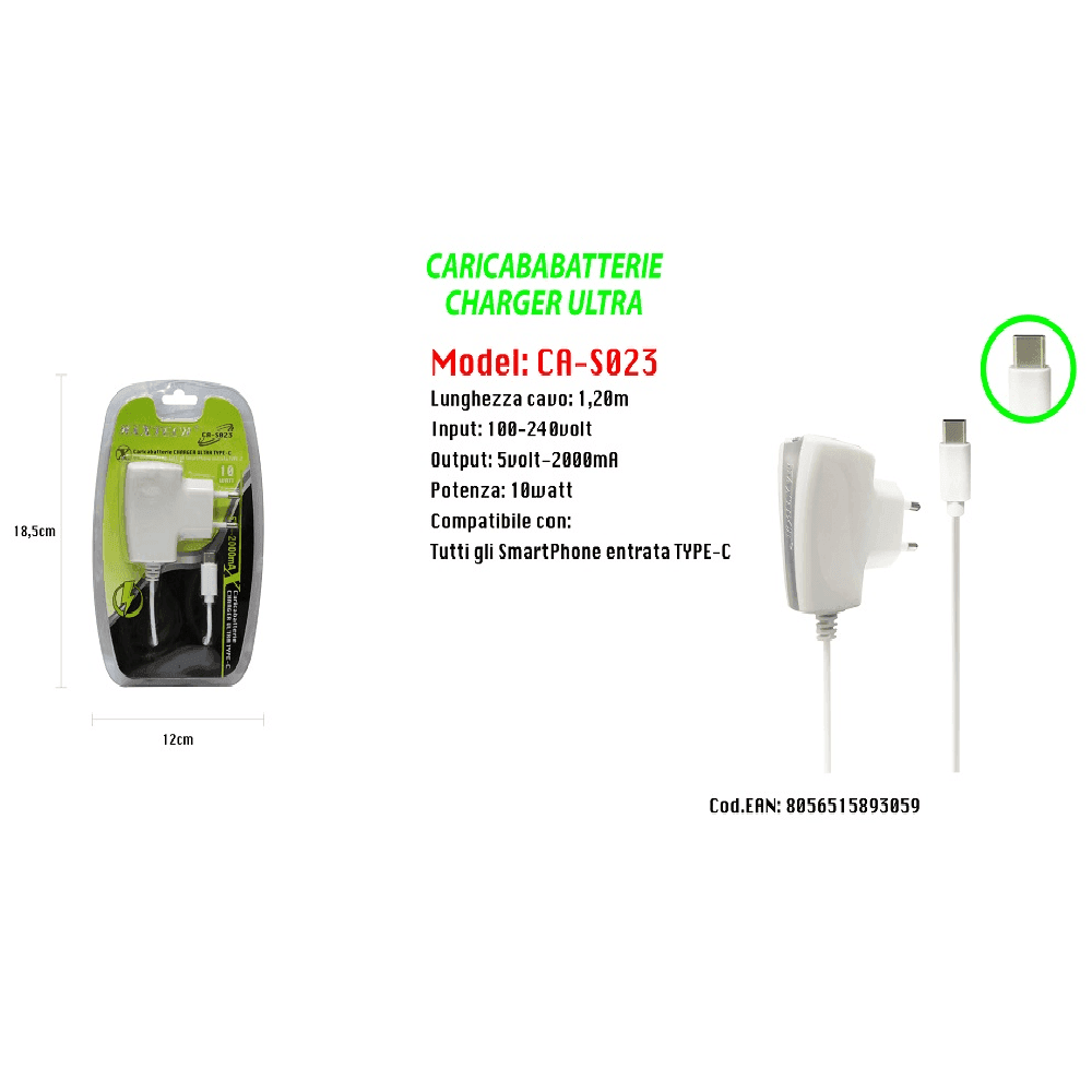 CARICABATTERIE CHARGER ULTRA TYPE-C PER SMARTPHONE 5V-2000MA 10W MAXTECH CA-S023 - 2