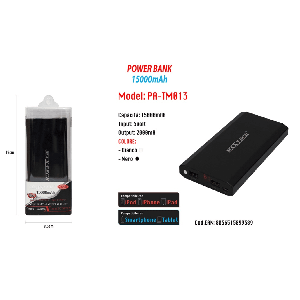 POWER BANK USB CARICATORE PORTATILE PER SMARTPHONE 15000MAH BATTERIA EMERGENZA - 2