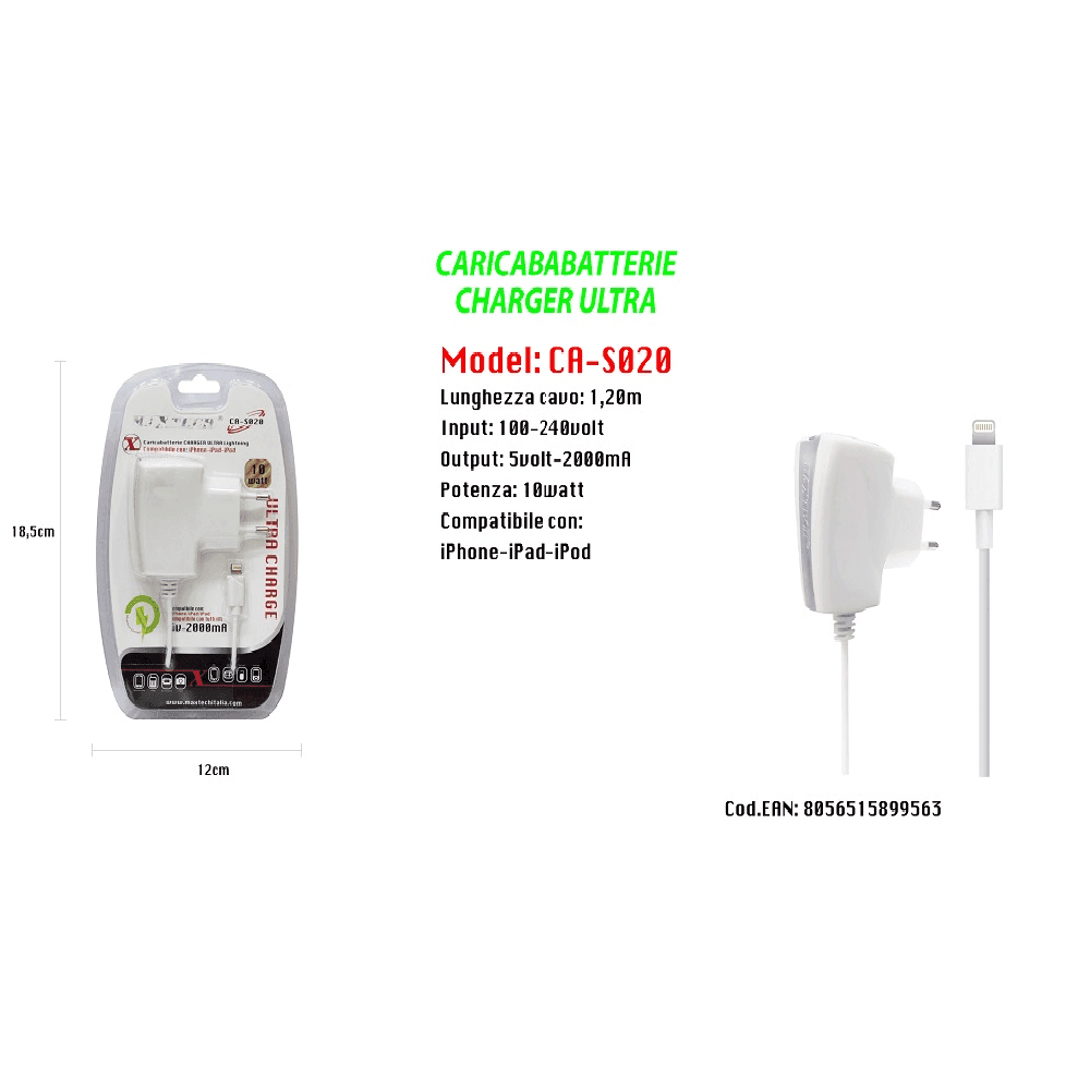 CARICABATTERIE MAXTECH CHARGER ULTRA LIGHTNING PER IPHONE IPAD IPOD 5V-2000MA 10W CA-S020 - 2