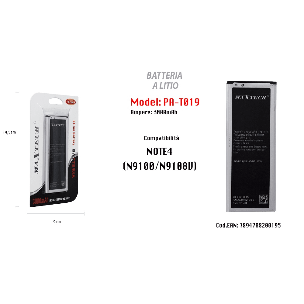 BATTERIA A LITIO COMPATIBILE PER SAMSUNG GALAXY NOTE 4 3000MAH MAXTECH PA-T019