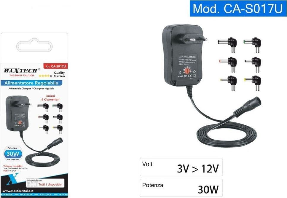 ALIMENTATORE UNIVERSALE REGOLABILE DA 3V A 12V CARICABATTERIE 30W MAXTECH CA-S017U - 2