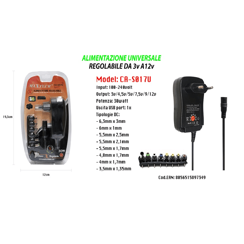 ALIMENTATORE UNIVERSALE REGOLABILE DA 3V A 12V CARICABATTERIE 30W MAXTECH CA-S017U - 3