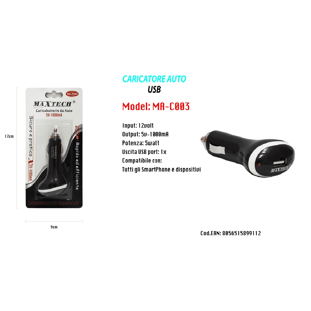 CARICATORE UNIVERSALE DA AUTO CAVO PRESA ACCENDISIGARI 5V-1000MA USB 2.0 MAXTECH MA-C003 - 2