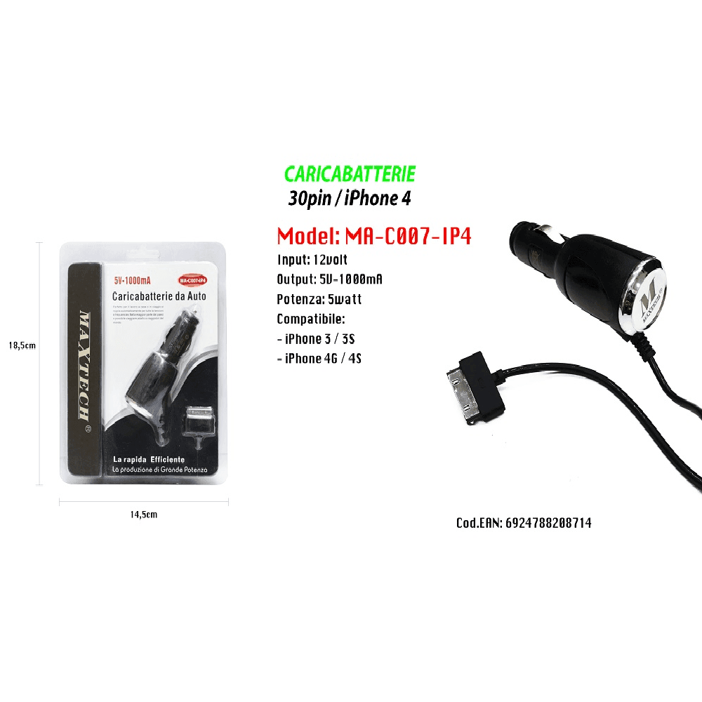 CARICATORE USB DA AUTO CARICABATTERIA RICARICA SMARTPHONE IP4 5V-1000MA MAXTECH MA-C007-IP4 - 2