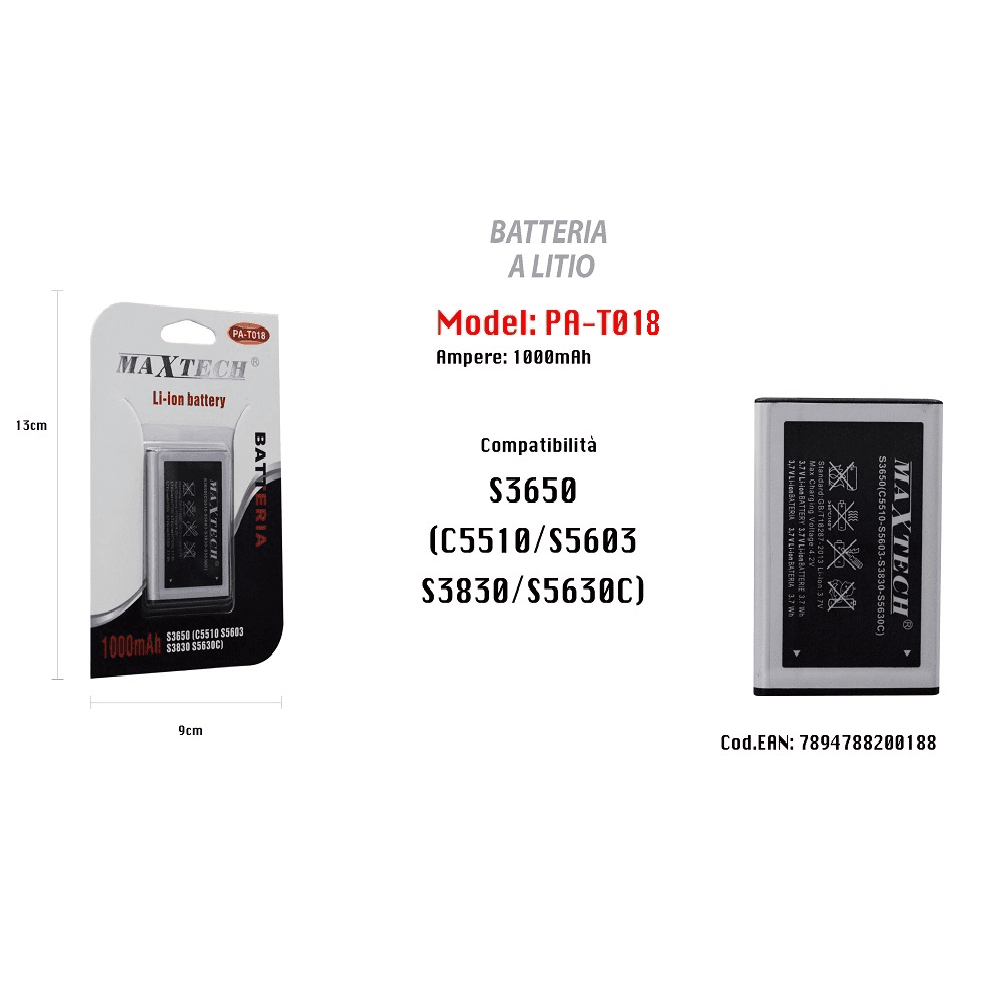 MAXTECH PA-T018 BATTERIA LI-ION 1000MAH COMPATIBILE SAMSUNG S3650 SMARTPHONE RICAMBIO - 2