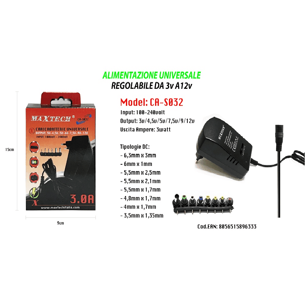 ALIMENTATORE UNIVERSALE 8 ADATTATORI SWITCH 3-12V PC NOTEBOOK FOTOCAMERA MAXTECH CA-S032 - 2