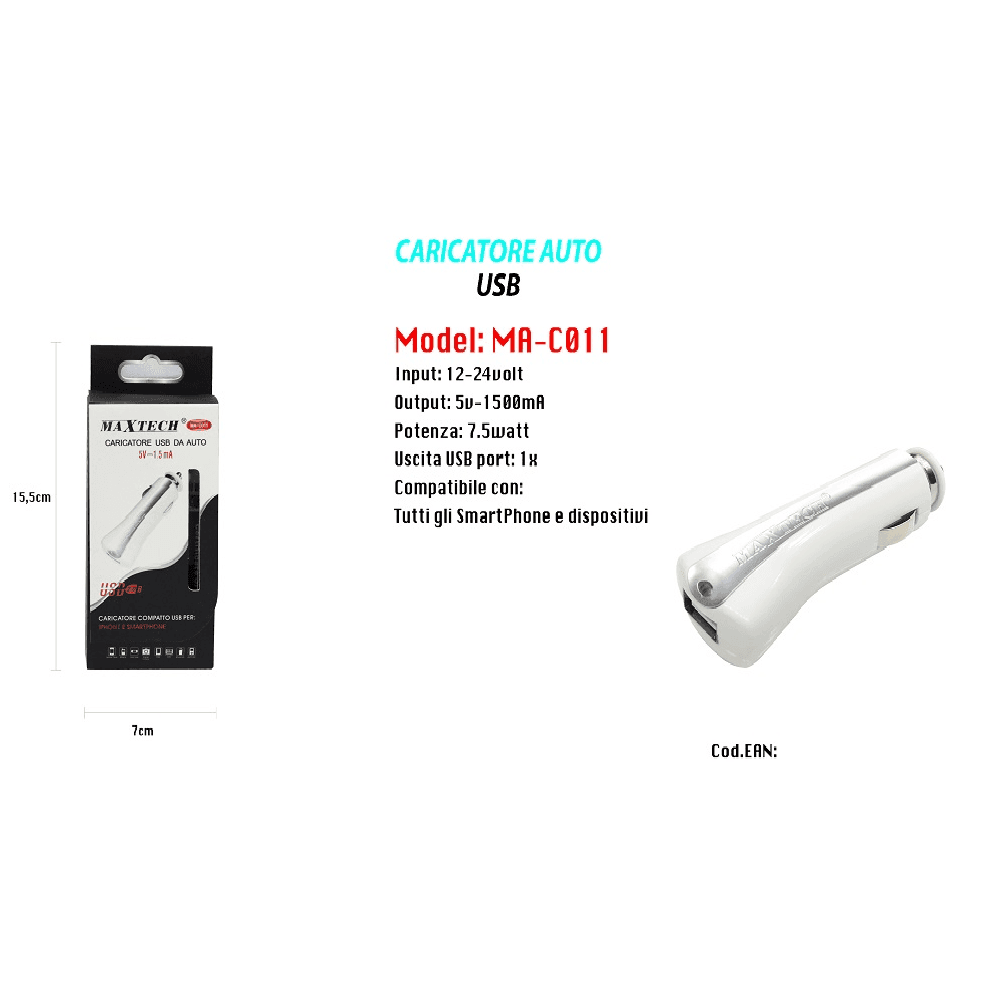 CARICATORE PER AUTO UNIVERSALE USB SMARTPHONE ACCENDISIGARI 5V-1500MA MAXTECH MA-C011 - 2