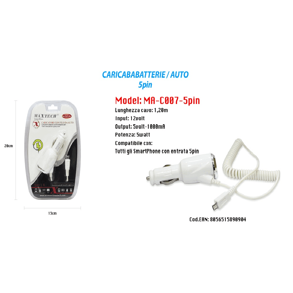 CARICATORE USB DA AUTO PORTATILE RICARICA SMARTPHONE 5PIN 5V-1000MA MAXTECH MA-C007-5PIN - 2