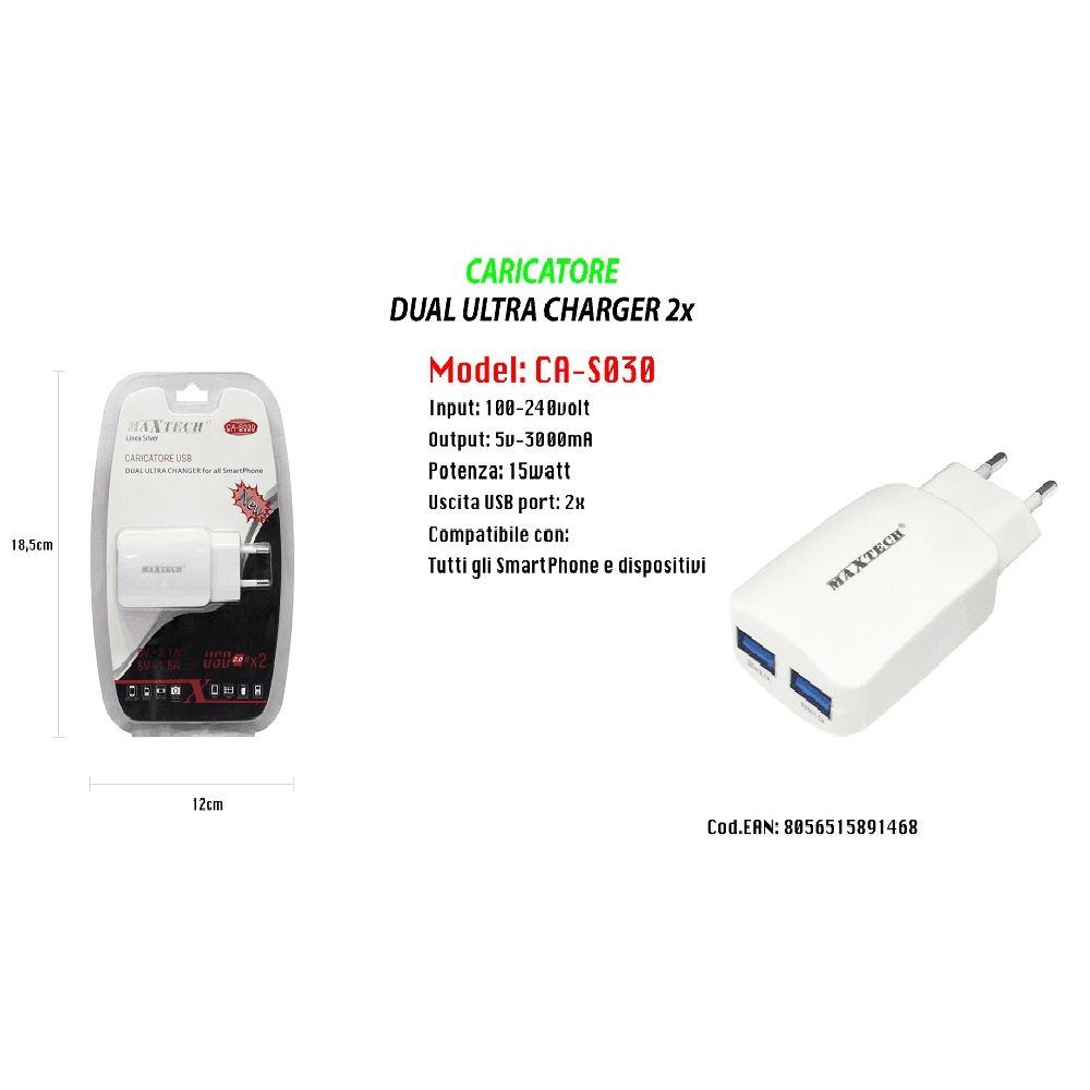 CARICATORE PORTATILE PRESA 2 USB PER SMARTPHONE 5V - 3100MA MAXTECH 18W CA-S030 - 2