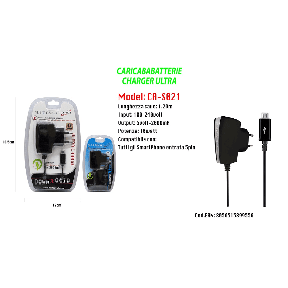 MAXTECH CARICABATTERIE CHARGER ULTRA PER SMARTPHONE ENTRATA 5 PIN 10W CA-S021 - 2
