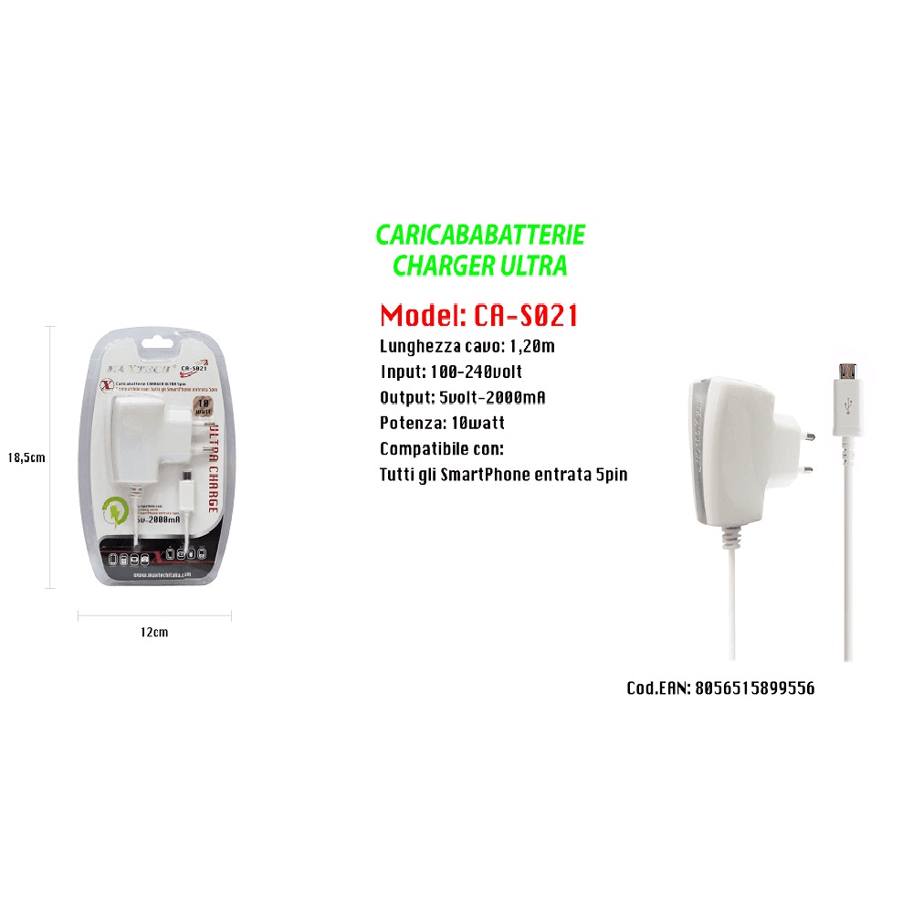 MAXTECH CARICABATTERIE CHARGER ULTRA PER SMARTPHONE ENTRATA 5 PIN 10W CA-S021 - 3
