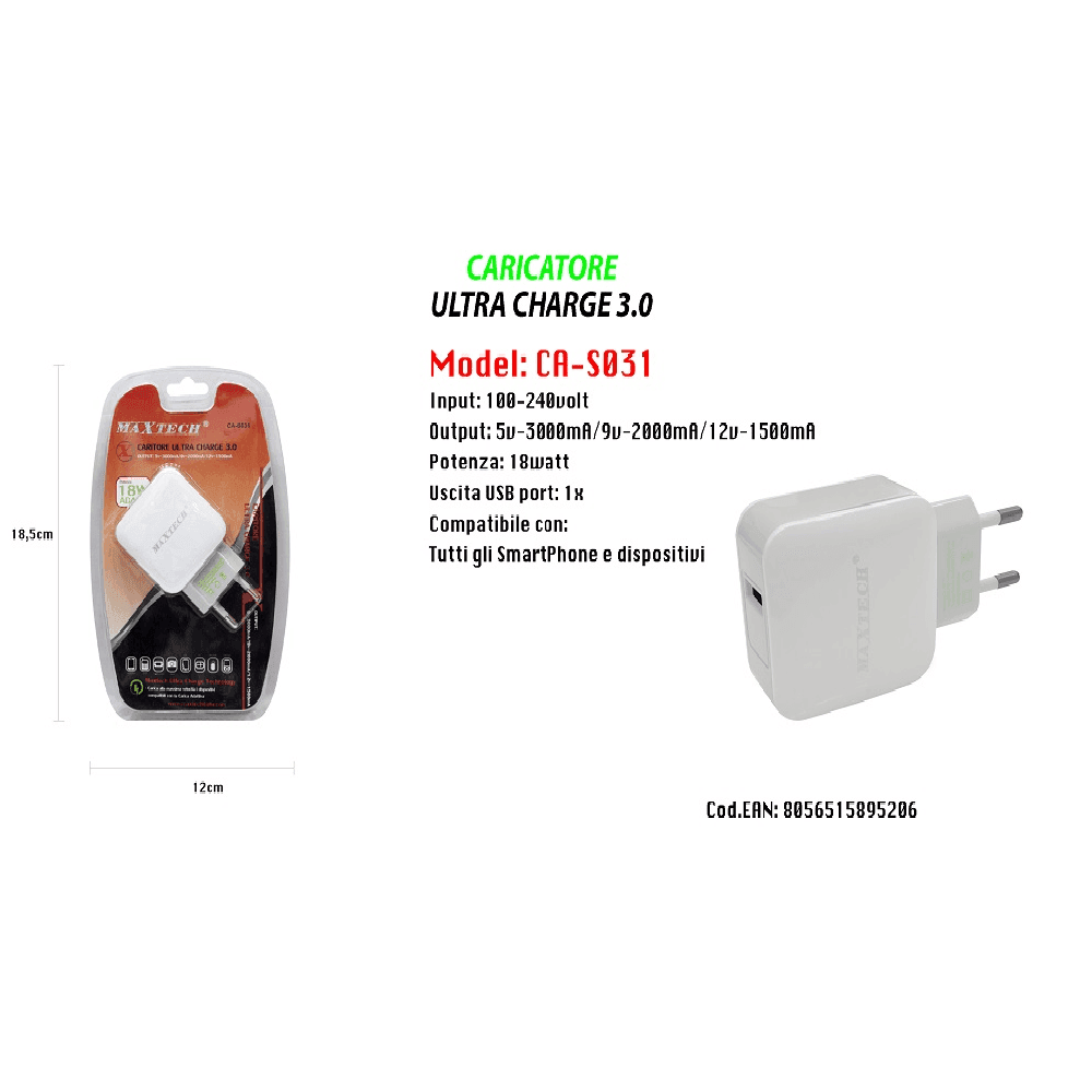 CARICATORE USB PORTATILE RICARICA SMARTPHONE CELLULARE MAXTECH 5V-3000MA CA-S031 - 2