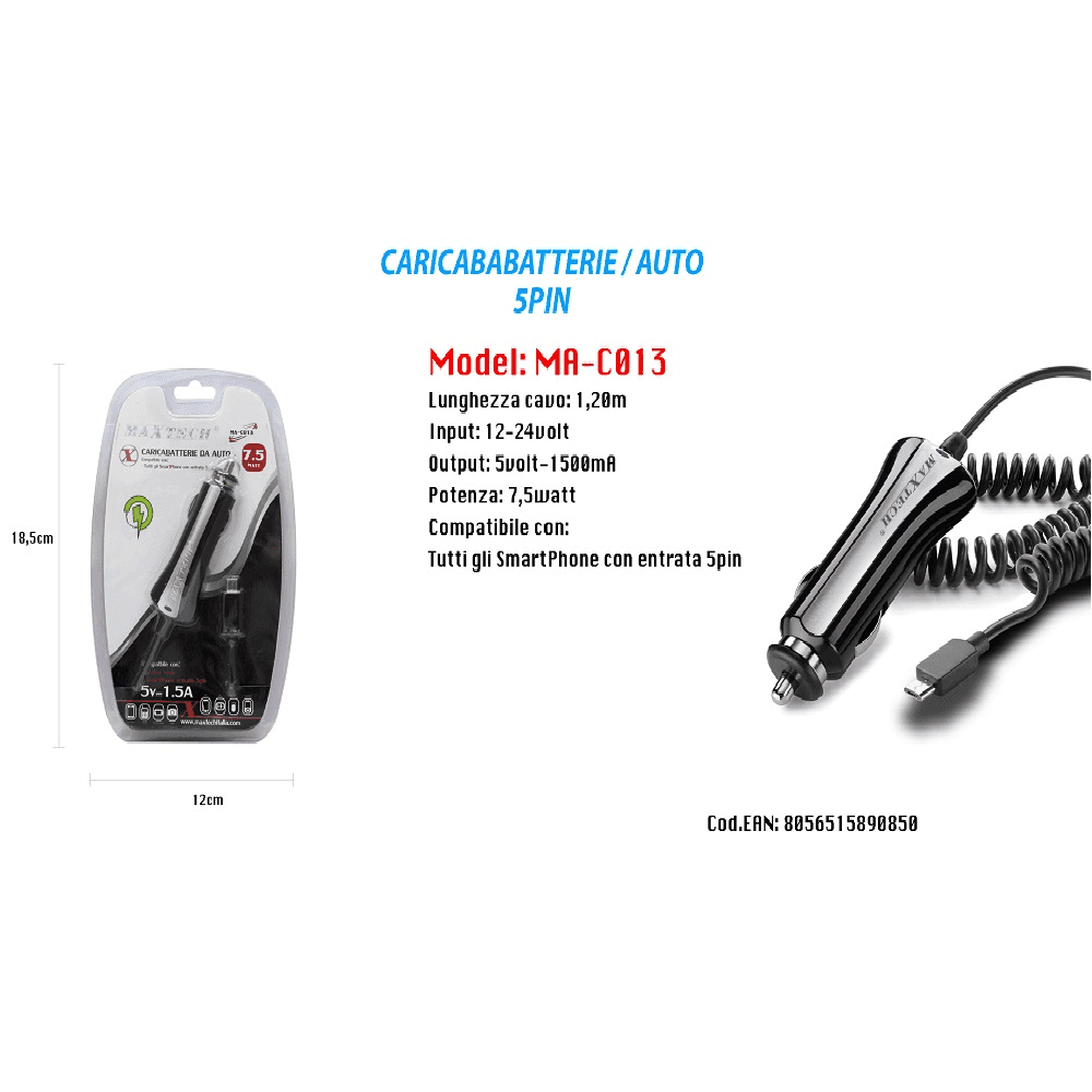 CARICATORE USB RICARICA CARICABATTERIA SMARTPHONE 5PIN 5V-1500MA DA AUTO MAXTECH MA-C013 - 2