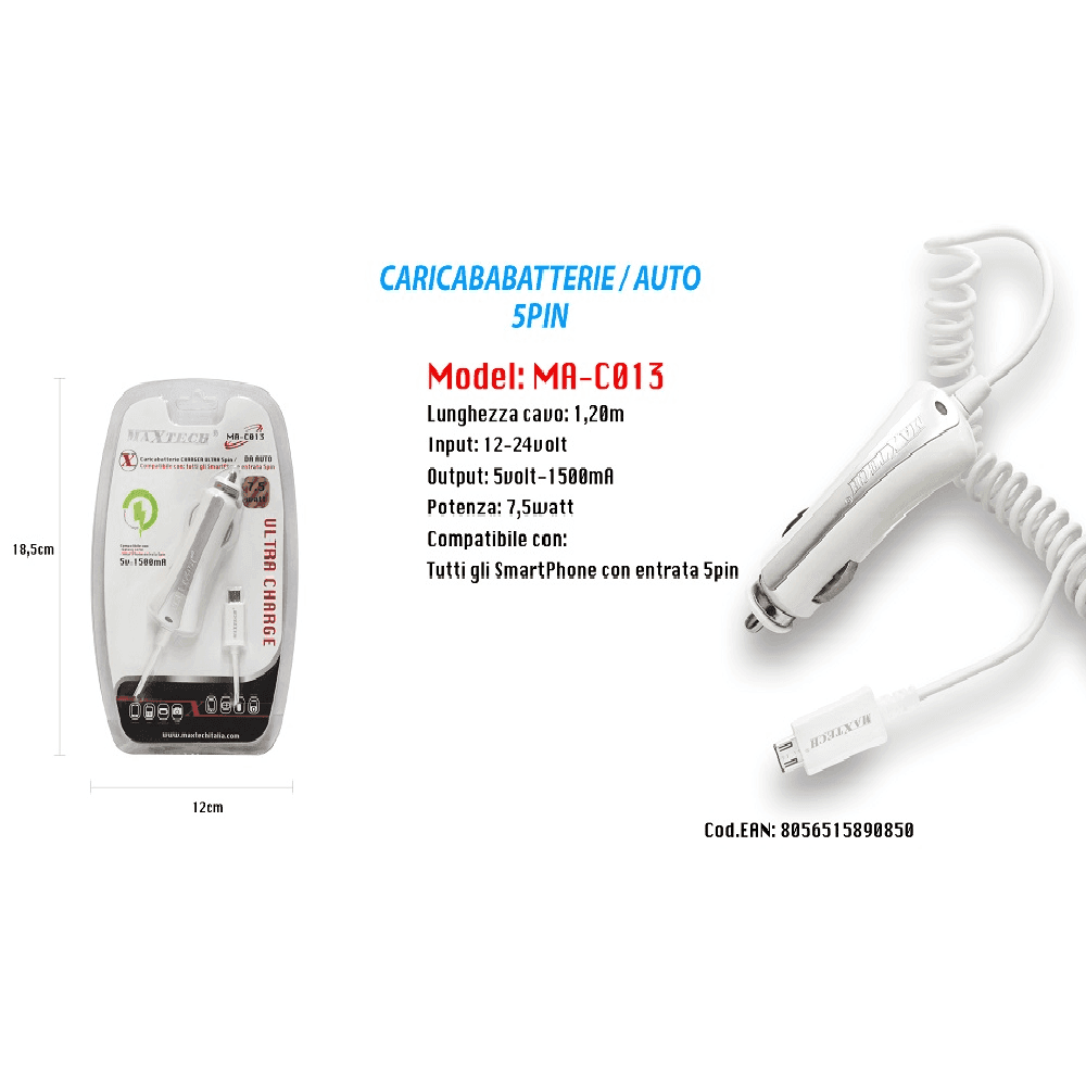 CARICATORE USB RICARICA CARICABATTERIA SMARTPHONE 5PIN 5V-1500MA DA AUTO MAXTECH MA-C013 - 3
