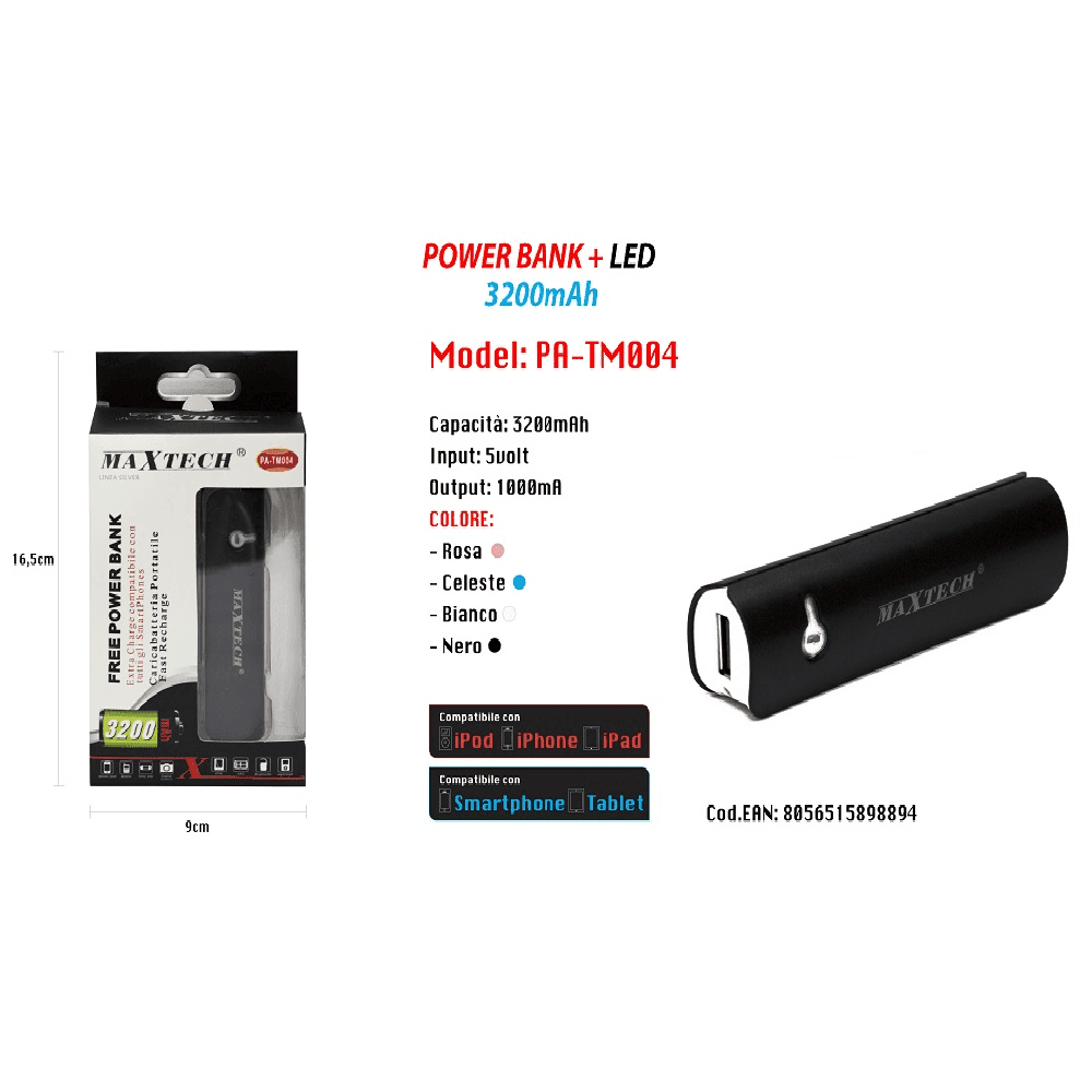 POWER BANK USB BATTERIA PORTATILE SMARTPHONE CELLULARE 3200MAH MAXTECH PA-TM004 - 2