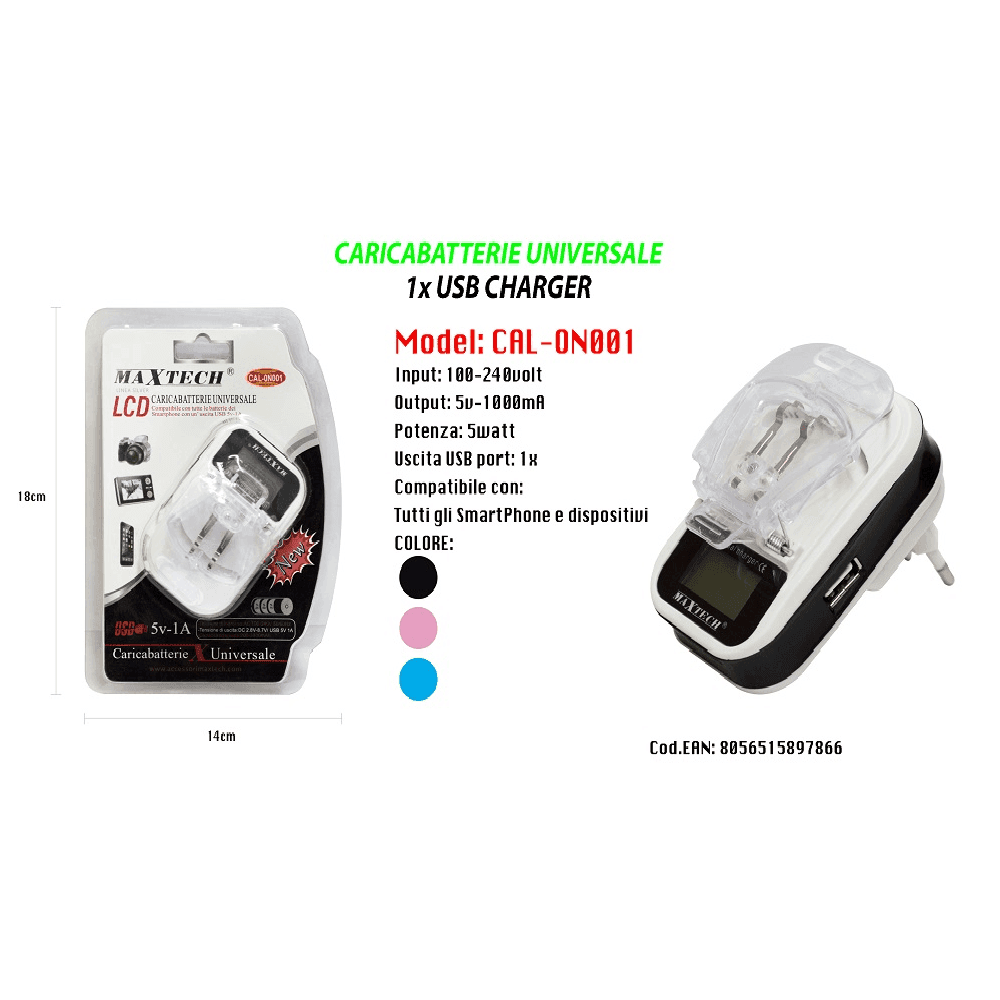 CARICABATTERIA UNIVERSALE CARICATORE LCD USB PER CELLULARE FOTOCAMERA MAXTECH CAL-ON001 - 3