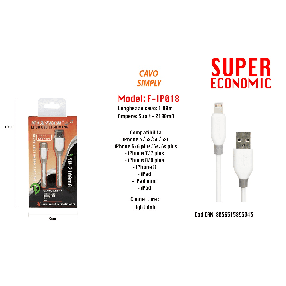 CAVO USB LIGHTNING SIMPLY COMPATIBILE PER IPHONE IPAD IPOD 1MT MAXTECH F-IP018 - 2