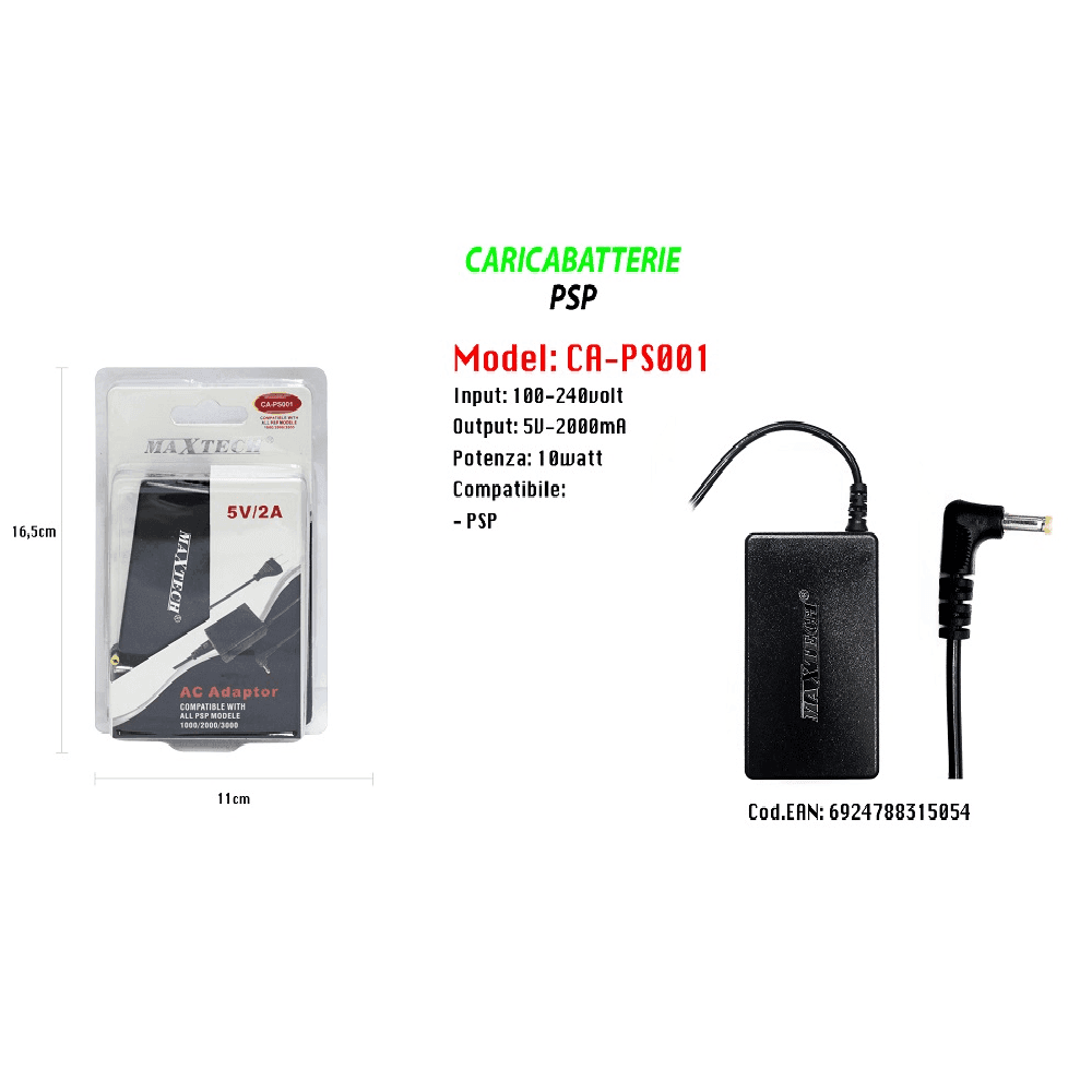 MAXTECH CA-PS001 CARICABATTERIE COMPATIBILE CON PSP MODELLO 1000/2000/3000 5V/2A - 2