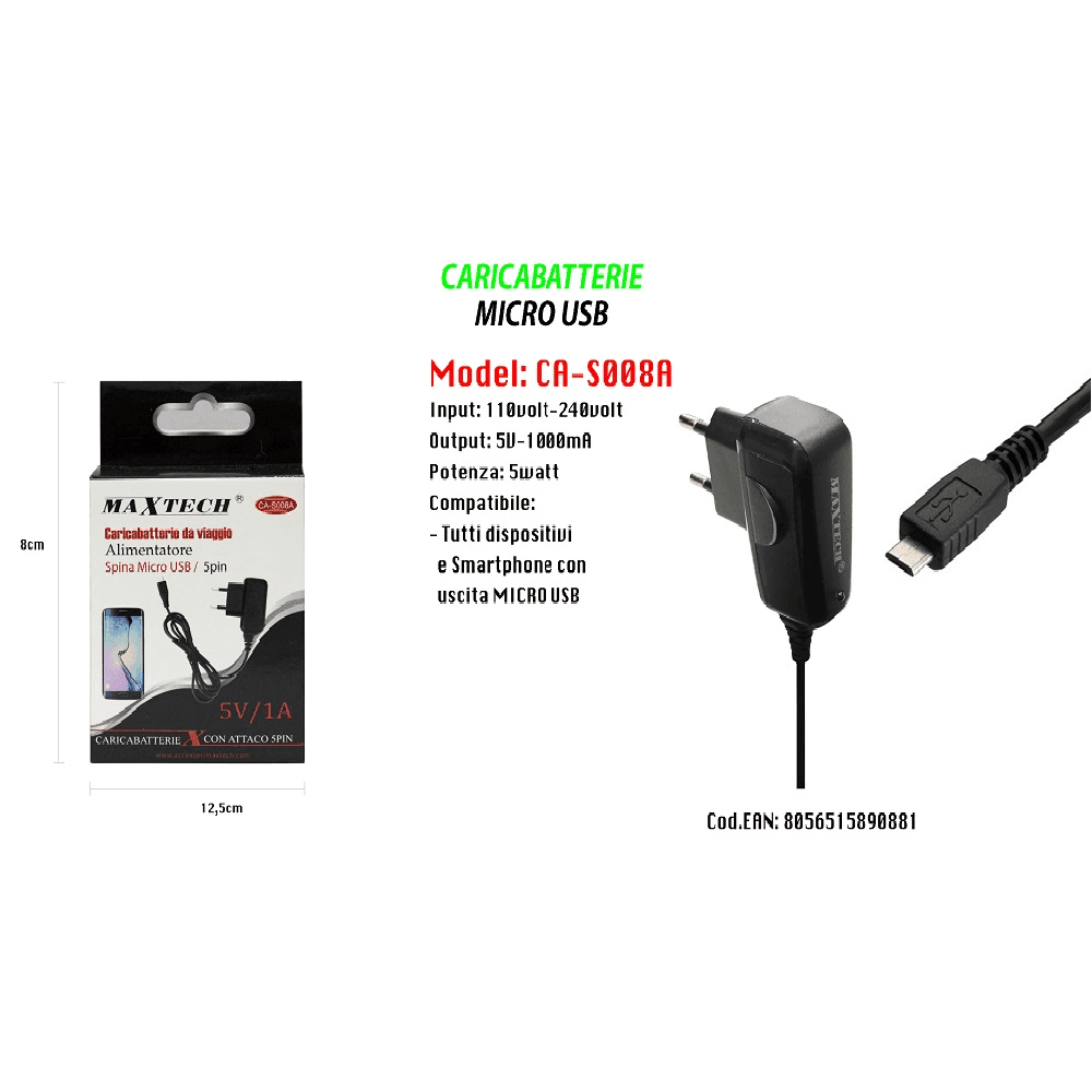 CARICABATTERIE MICRO USB DA VIAGGIO SPINA 5PIN 5V-1000MA 5WATT MAXTECH CA-S008A - 2