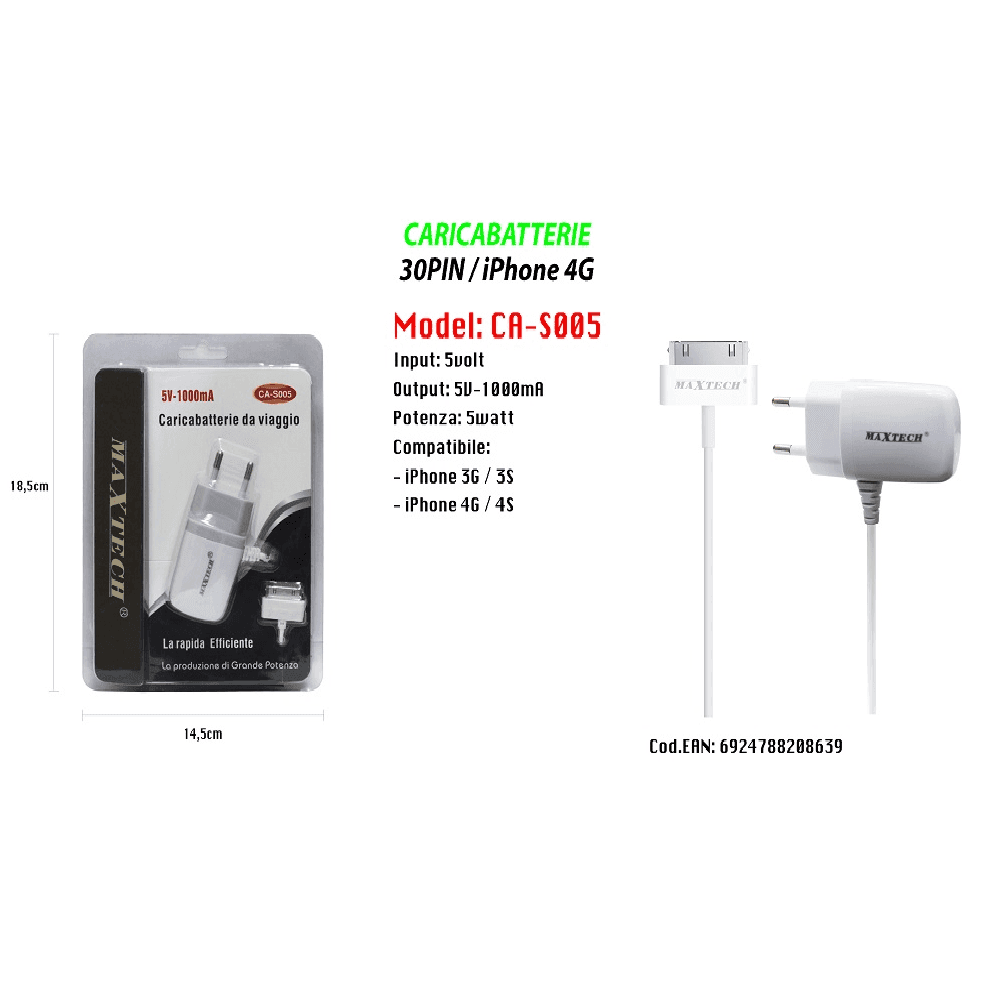 CARICABATTERIE DA VIAGGIO CASA 30PIN IPHONE 3G/3S/4G/4S 5VOLT-1000MA MAXTECH CA-S005 - 2