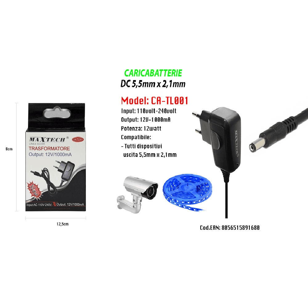 CARICABATTERIE DC 5,5MM X 2,1MM TRASFORMATORE OUTPUT 12V/1000MA MAXTECH CA-TL001 - 3