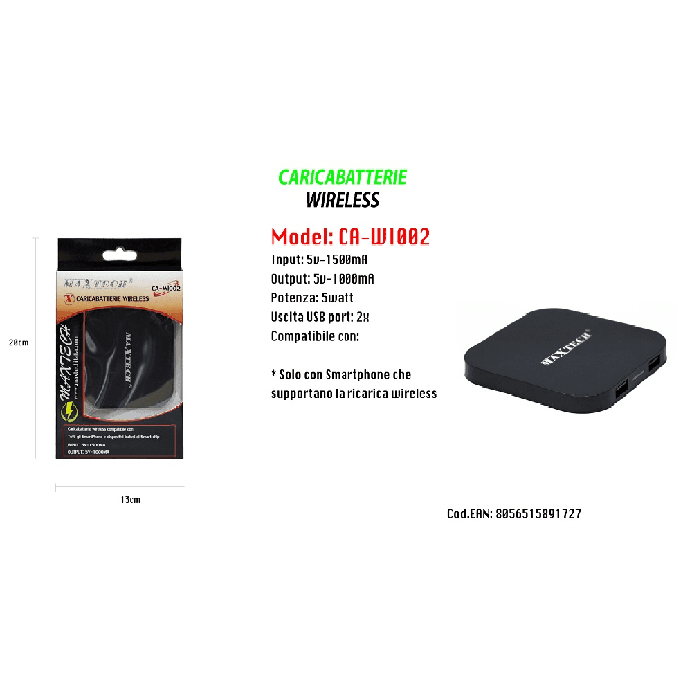 CARICATORE WIFI RICARICA WIRELESS SMARTPHONE PORTATILE 5V-1500MA MAXTECH CA-WI002 - 2