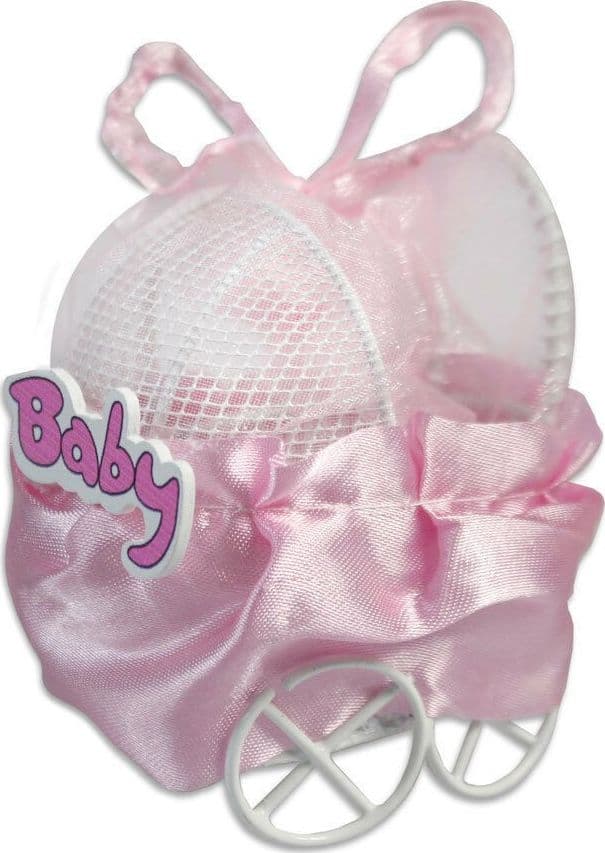 SET BOMBONIERA CARROZZINO IN METALLO PORTACONFETTI NASCITA BATTESIMO BIMBA ROSA
