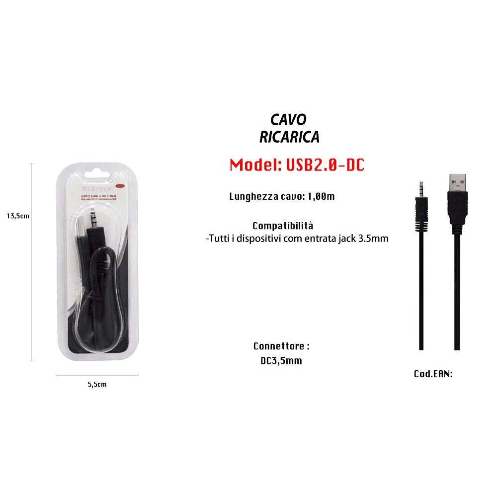CAVO USB RICARICA PER DISPOSITIVI CELLULARI ENTRATA JACK 3,5MM 1MT MAXTECH USB2.0-DC - 2