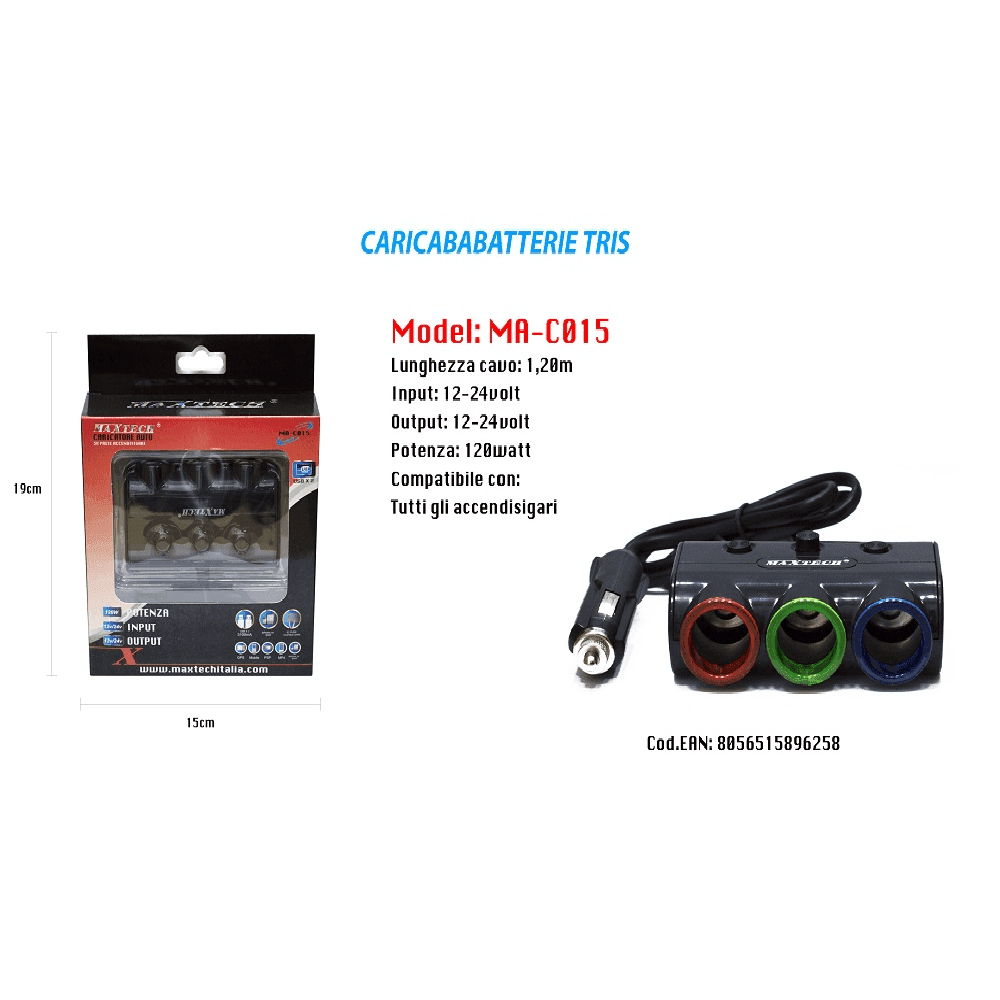CARICATORE USB DA AUTO PER ACCENDISIGARI UNIVERSALE 120W ACCESSORI 3X1 MAXTECH MA-C015 - 2