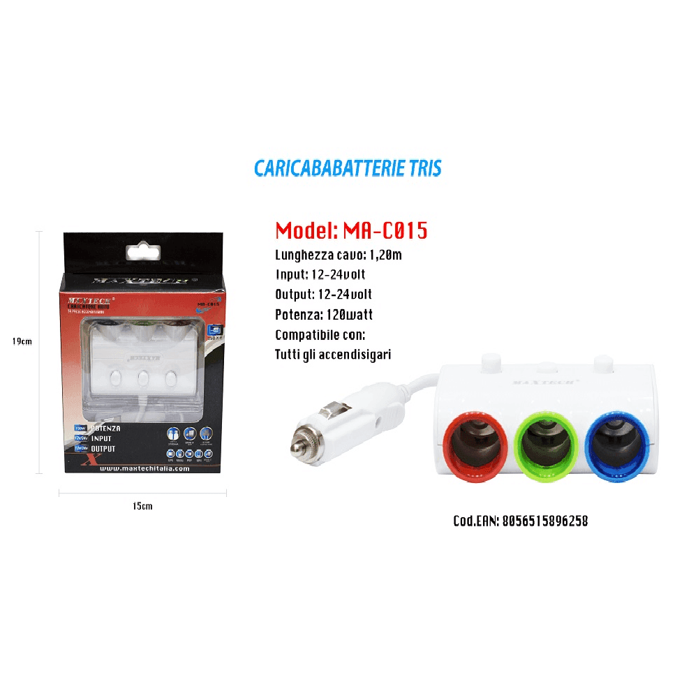 CARICATORE USB DA AUTO PER ACCENDISIGARI UNIVERSALE 120W ACCESSORI 3X1 MAXTECH MA-C015 - 3