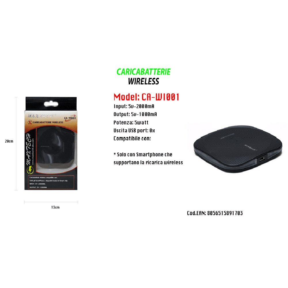 CARICATORE WIFI WIRELESS RICARICA PORTATILE SMARTPHONE 5V-2000MA MAXTECH CA-WI001 - 2