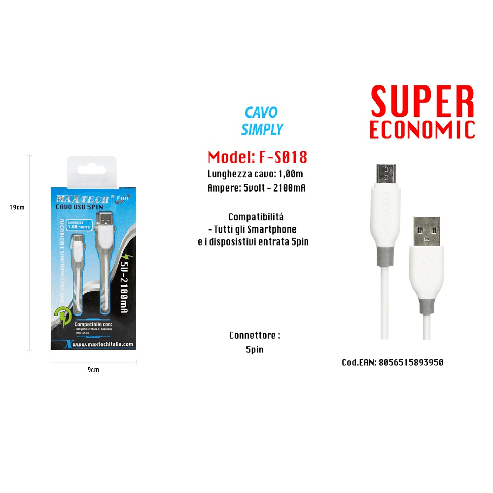 CAVO SIMPLY USB CONNETTORE 5PIN PER SMARTHPHONE 5VOLT - 2100MA 1,0MT MAXTECH F-S018 - 2