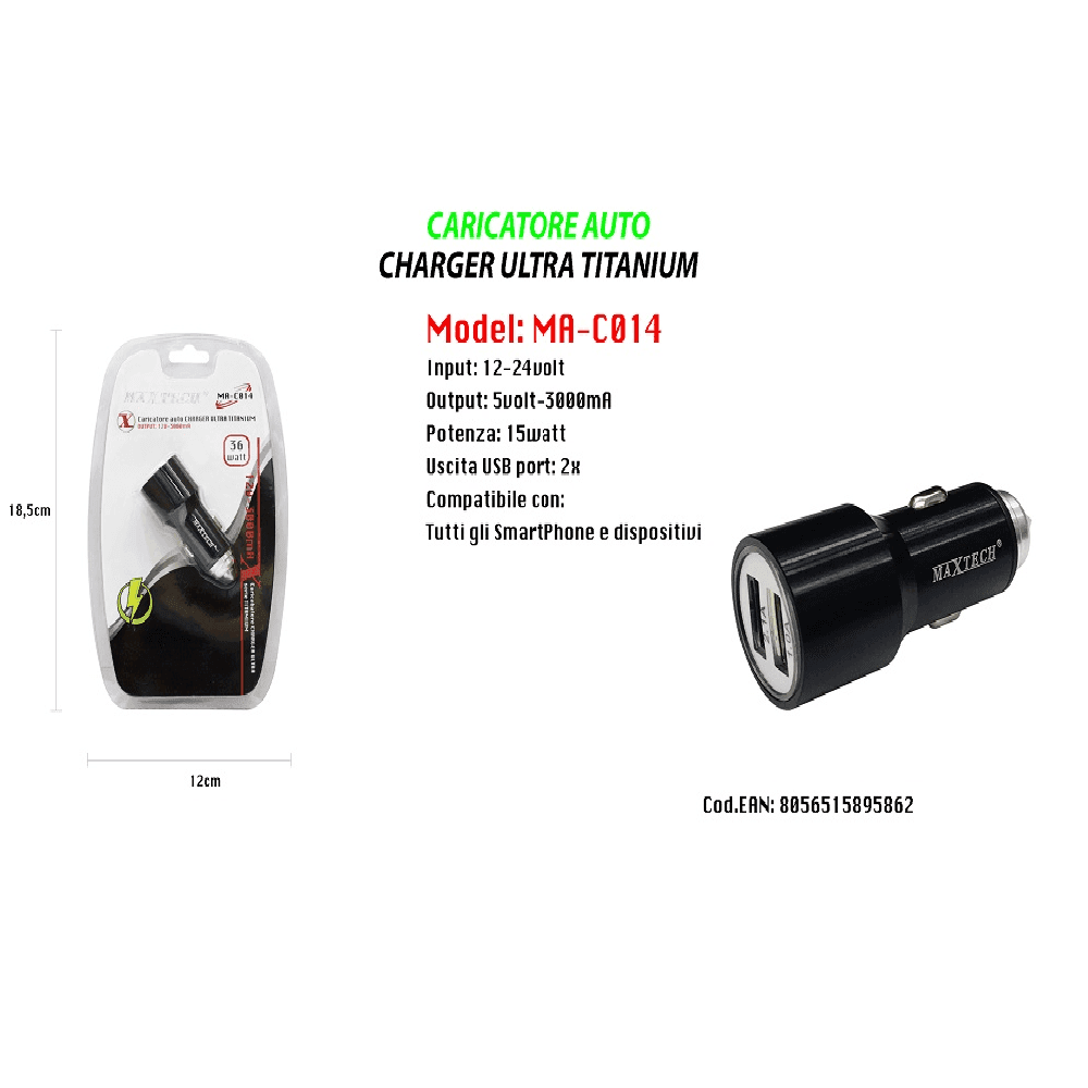 CARICATORE AUTO PORTATILE PER SMARTPHONE DISPOSITIVI 15W 12-24V MAXTECH MA-C014 - 2