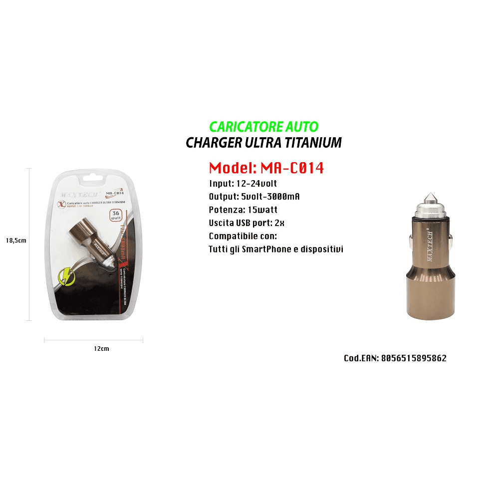 CARICATORE AUTO PORTATILE PER SMARTPHONE DISPOSITIVI 15W 12-24V MAXTECH MA-C014 - 4