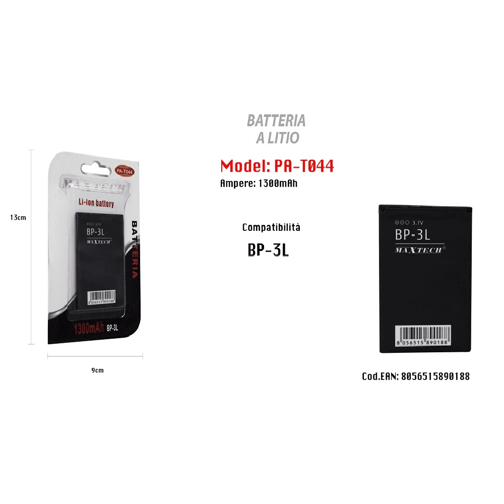 BATTERIA A LITIO COMPATIBILE CON BP-3L 1300MAH 3,7V CELLULARE MAXTECH PA-T044 - 2
