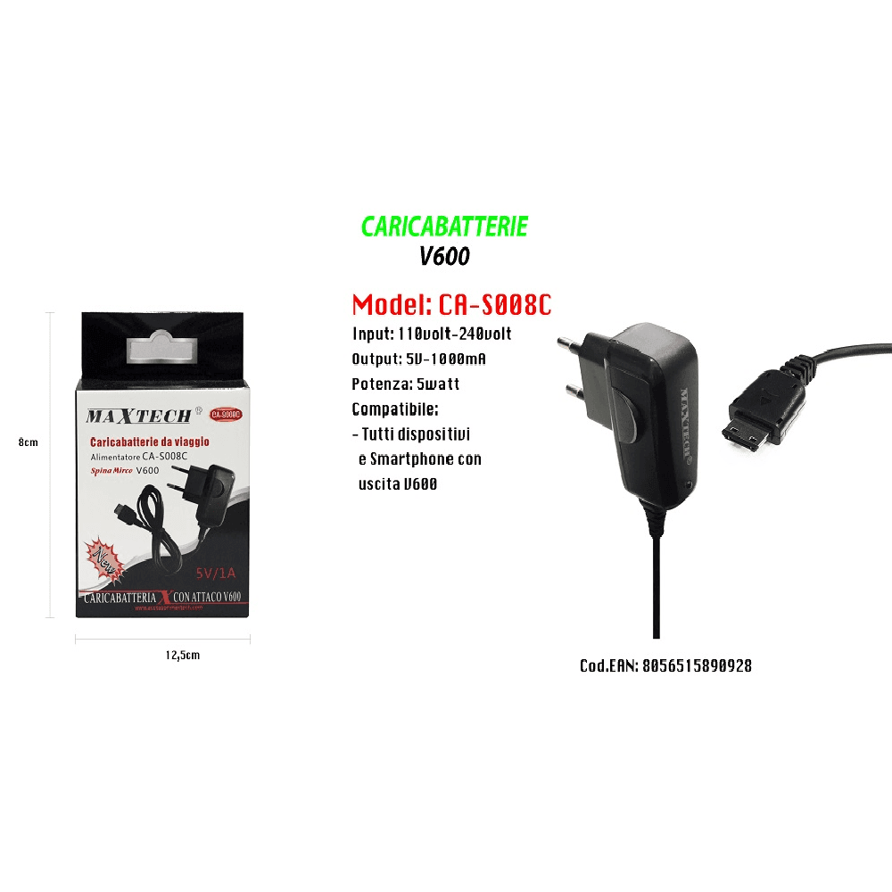 CARICABATTERIE HIGH POWER DA VIAGGIO CON SPINA AD ATTACCO V600 5V-1000MA MAXTECH CA-S008C - 2