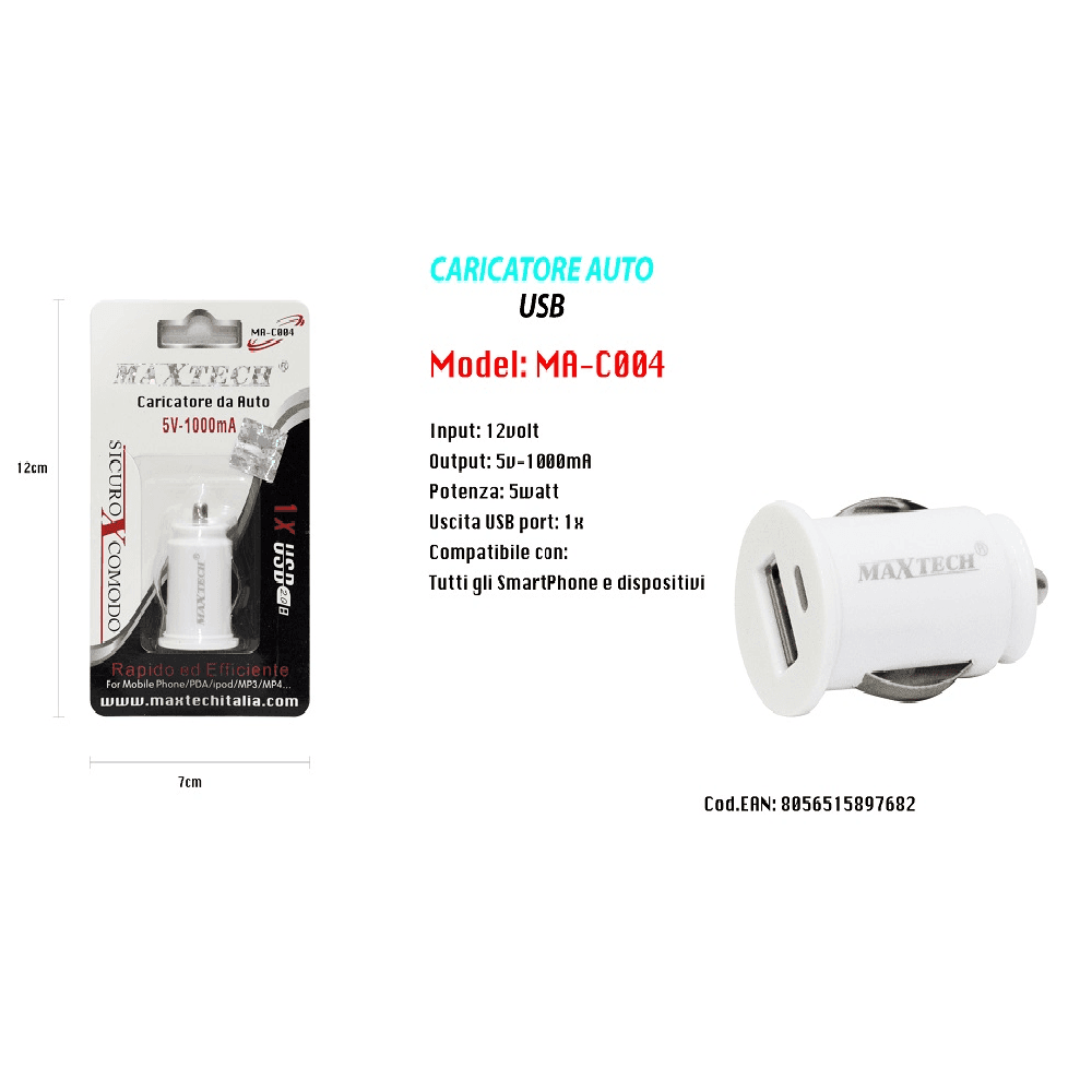 CARICATORE AUTO CARICABATTERIA PRESA UNIVERSALE USB 2A SMARTPHONE IPOD 5V-1500MA MAXTECH MA-C004 - 3