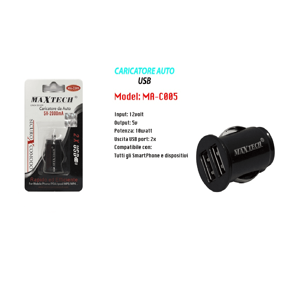 CARICATORE PER AUTO 2 USB CARICABATTERIA PRESA 2.1A RICARICA RAPIDA 10W MA-C005 - 4