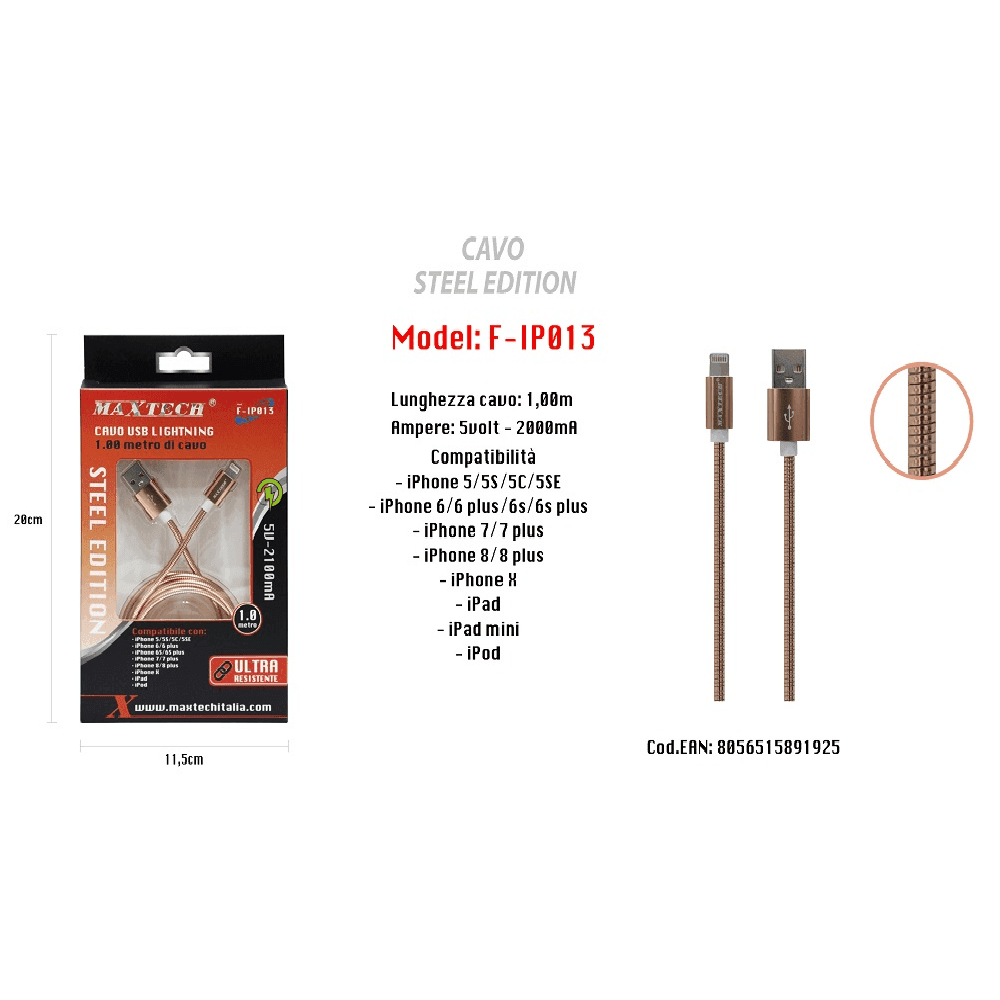 CAVO DI RICARICA PER IPHONE IPAD 5VOLT-2000MA 1MT ALTA VELOCITÀ USB MAXTECH F-IP013 - 2