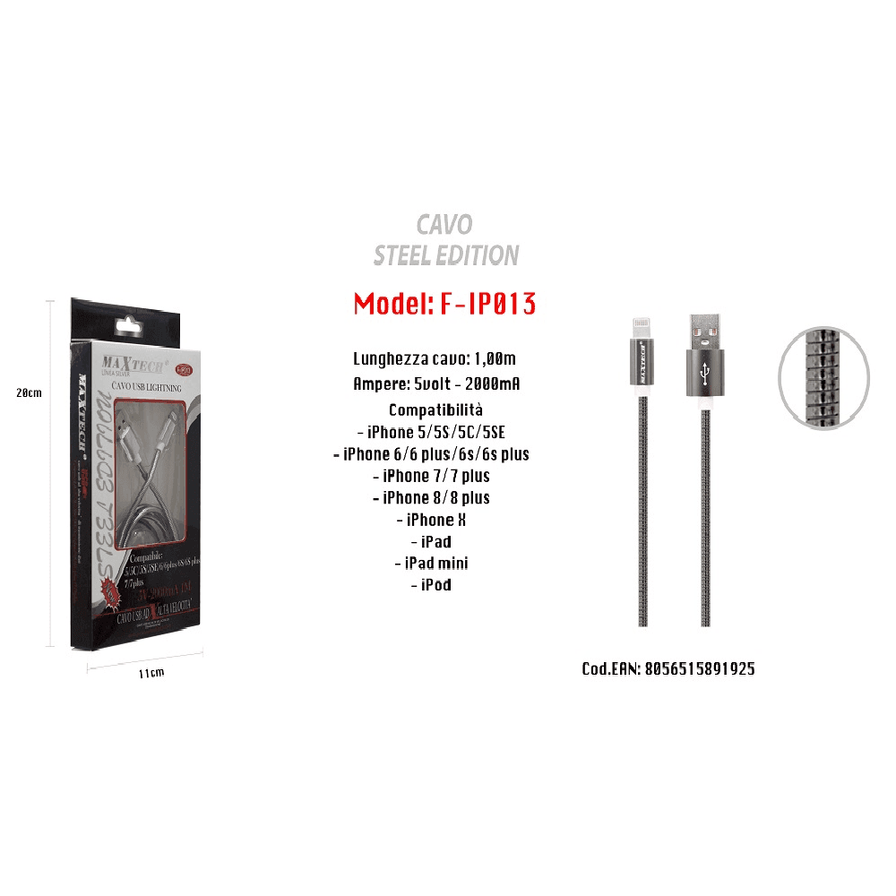 CAVO DI RICARICA PER IPHONE IPAD 5VOLT-2000MA 1MT ALTA VELOCITÀ USB MAXTECH F-IP013 - 4