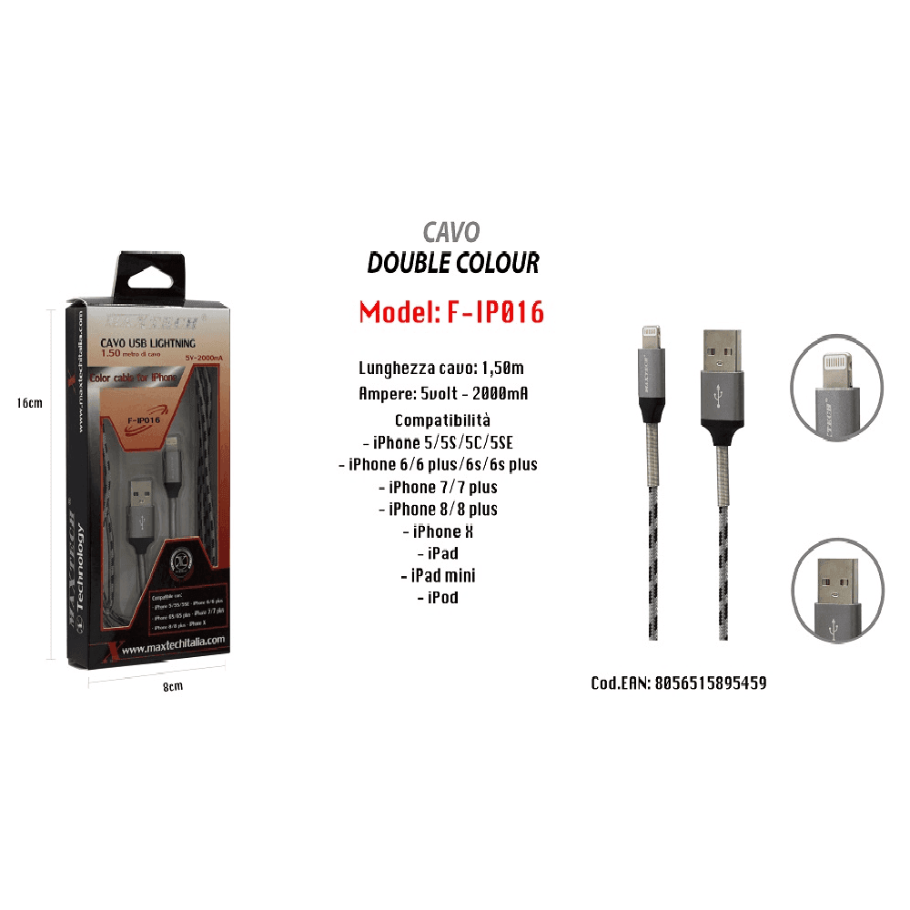 CAVO USB DOUBLE COLOUR IPHONE IPAD IPOD 5VOLT - 2000MA 1,50 MT MAXTECH F-IP016 - 2