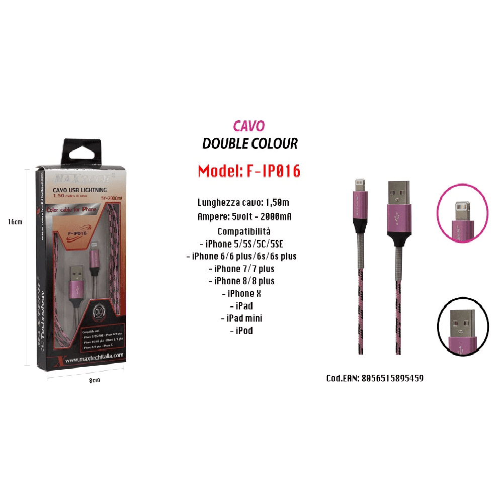CAVO USB DOUBLE COLOUR IPHONE IPAD IPOD 5VOLT - 2000MA 1,50 MT MAXTECH F-IP016 - 3