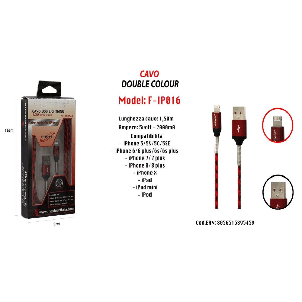 CAVO USB DOUBLE COLOUR IPHONE IPAD IPOD 5VOLT - 2000MA 1,50 MT MAXTECH F-IP016 - 4