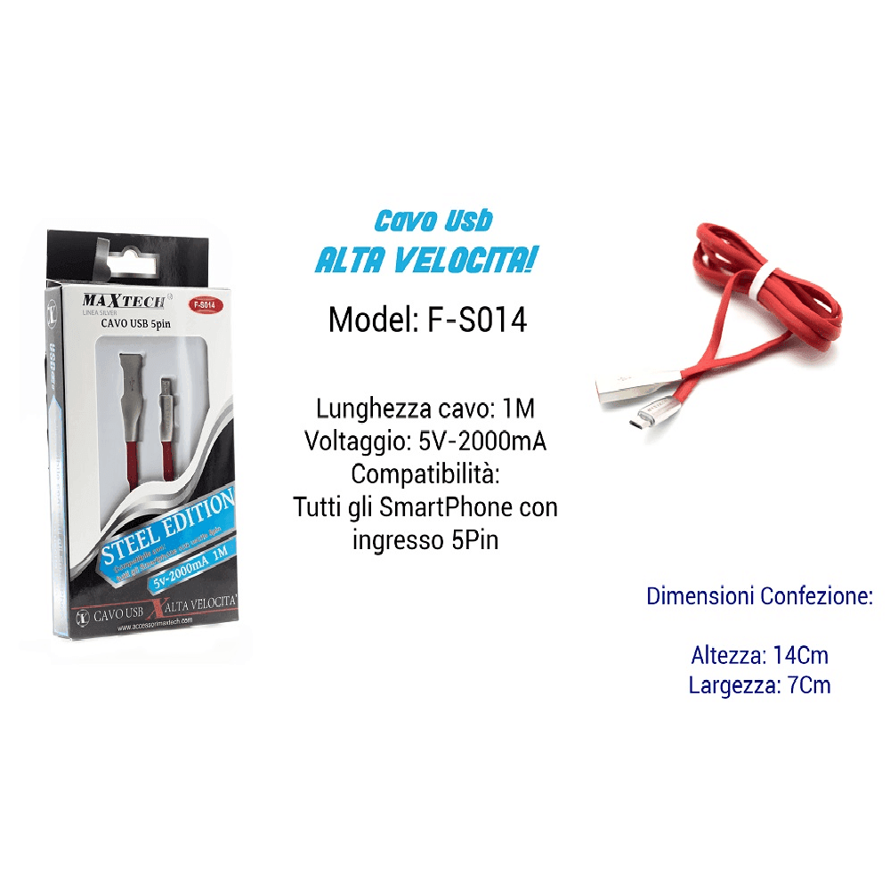 CAVO STEEL EDITION PER SMARTPHONE USCITA 5PIN 5VOLT - 2000MA 1,00MT MAXTECH F-S014 - 2