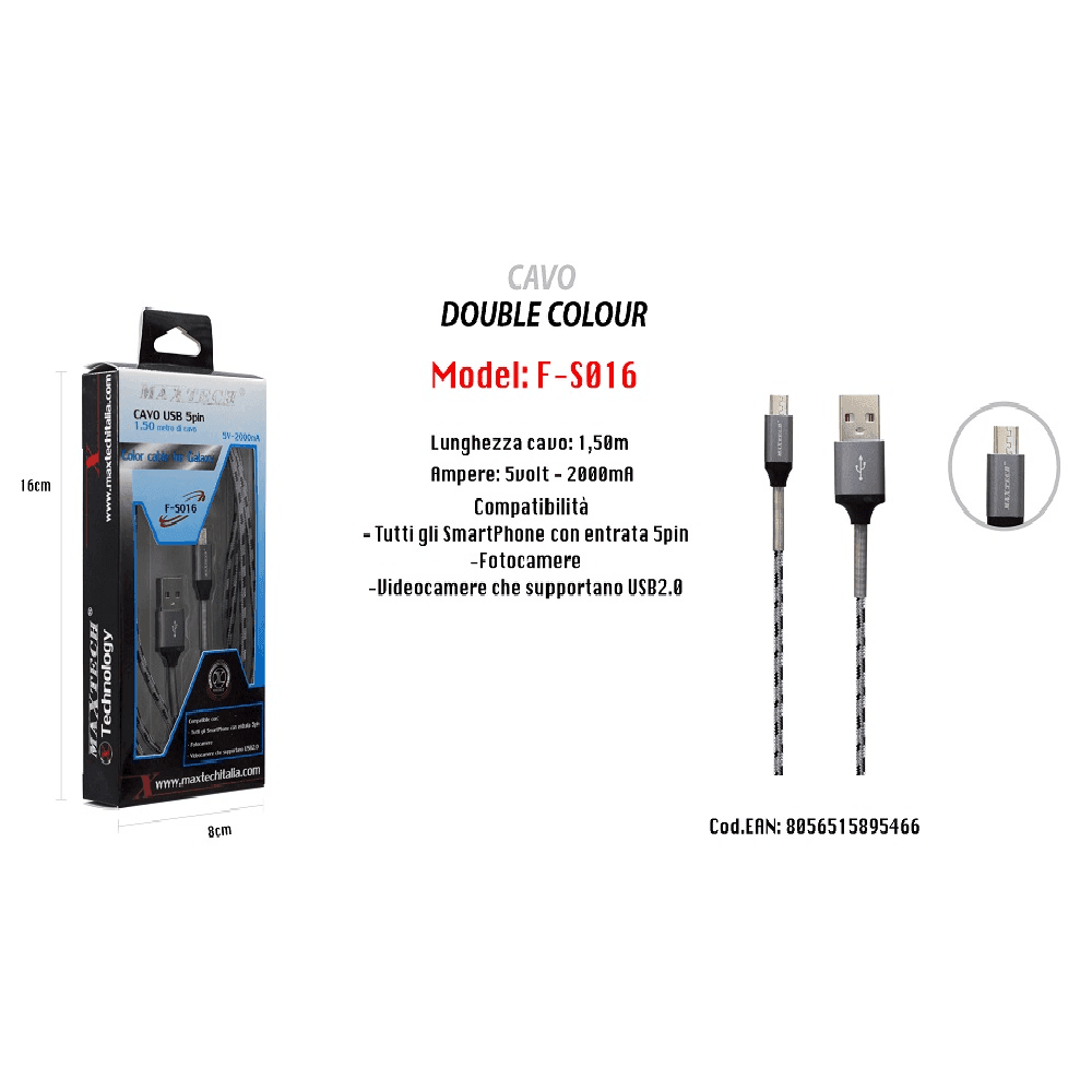 CAVO USB SIMPLY COLOUR X SMARTPHONE FOTOCAMERE 5VOLT - 2000MA 1,5MT MAXTECH F-S016 - 2