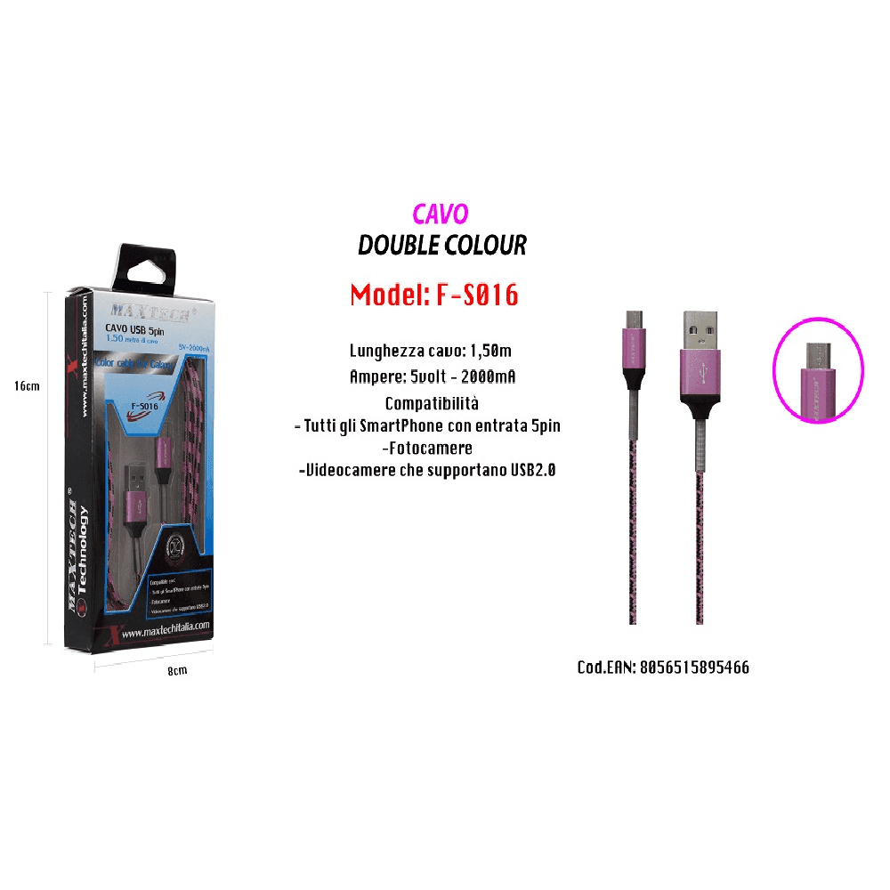 CAVO USB SIMPLY COLOUR X SMARTPHONE FOTOCAMERE 5VOLT - 2000MA 1,5MT MAXTECH F-S016 - 3