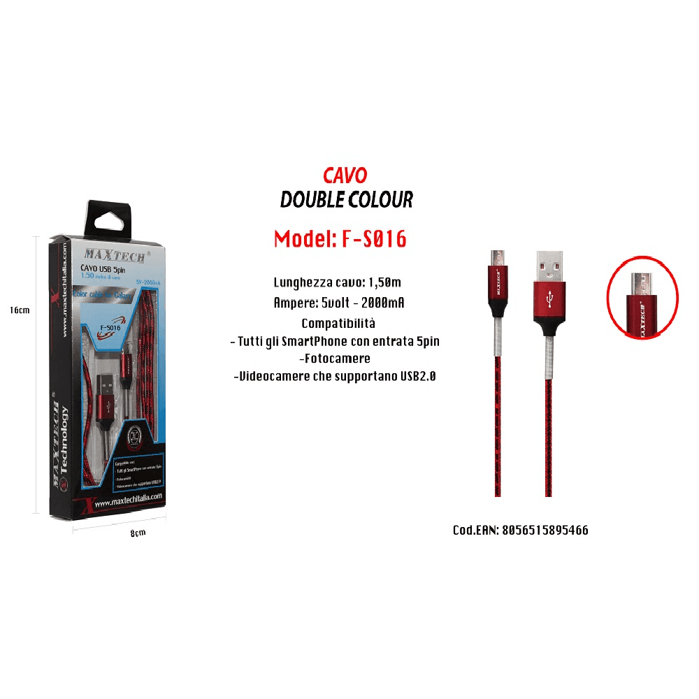 CAVO USB SIMPLY COLOUR X SMARTPHONE FOTOCAMERE 5VOLT - 2000MA 1,5MT MAXTECH F-S016 - 4