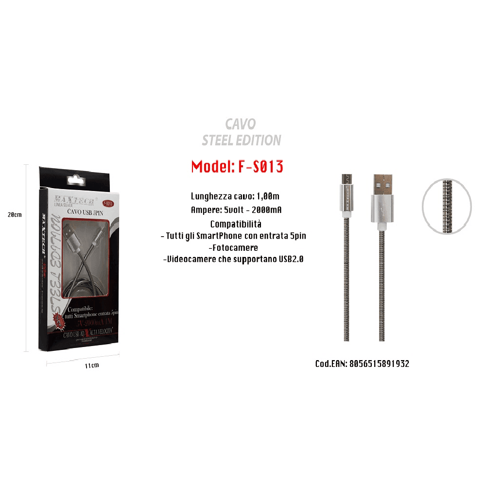 CAVO USB STEEL EDITION X SMARTPHONE 5 PIN 5VOLT - 2100MA 1,0 MT MAXTECH F-S013 - 2