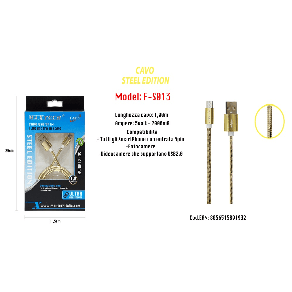 CAVO USB STEEL EDITION X SMARTPHONE 5 PIN 5VOLT - 2100MA 1,0 MT MAXTECH F-S013 - 4